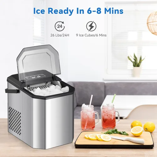 Vista 3 de Garvee Máquina de hielo para encimera, 26 libras en 24 horas, 9 cubos listos en 6 minutos con cuchara de hielo y cesta, máquina de hielo portátil