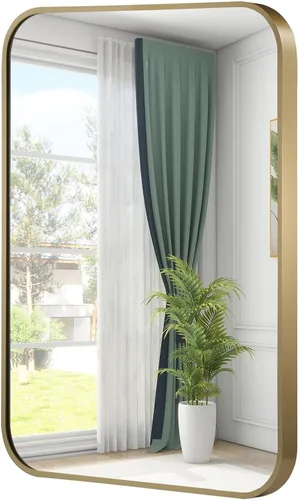 Vista 11 de Espejo de baño de níquel cepillado de 16 x 24 pulgadas, espejo rectangular enmarcado con esquina redondeada, espejo cepillado, espejo de baño