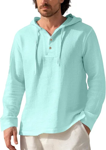 Vista 6 de Sudaderas con capucha de algodón y lino para hombre, manga larga, cuello en V, con botones, con capucha, protección solar, ligera, para la playa