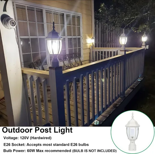 Vista 5 de LIT-PaTH Farol de poste de iluminación para exteriores, base mediana E26 máx. 60 W, carcasa de aluminio más vidrio, acabado blanco mate, paquete de 1