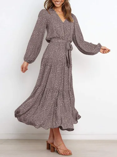 Vista 2 de PRETTYGARDEN - Vestido largo de manga larga con cuello en V y volantes florales para primavera, para mujer, casual, con lazo en la cintura, bohemio