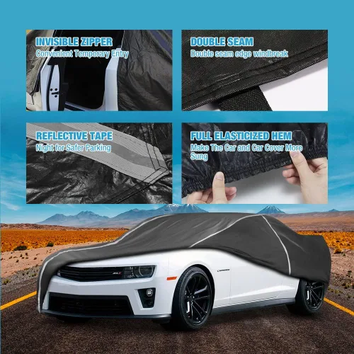 Vista 3 de Funda impermeable para automóvil compatible con Chevy Camaro 2010-2024 para todo tipo de clima, 6 capas, cubierta completa para automóvil con bolsa