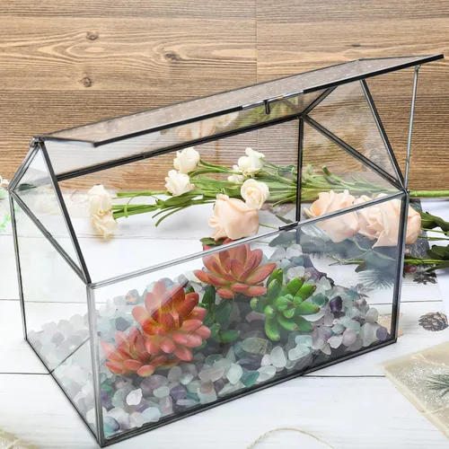 Vista 7 de HighFree Terrario geométrico de vidrio con tapa acrílica, terrario negro con forma de casa con agujeros de respiración para caracoles, suculentas