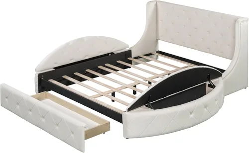 Vista 6 de Base de cama de almacenamiento tamaño Queen de terciopelo, cama de plataforma tapizada de lujo con cabecera con respaldo de alas y 1 cajón grande