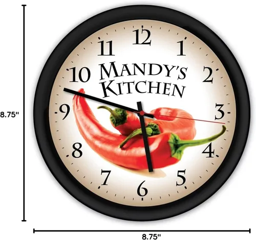 Vista 2 de Reloj de pared personalizado con chile picante para cocina, decoración de regalo, marco negro
