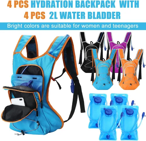 Vista 5 de WinnerWhy Paquete de 4 mochilas de hidratación con vejiga de agua de 2 litros, mochila de hidratación ligera para hombres y mujeres, senderismo