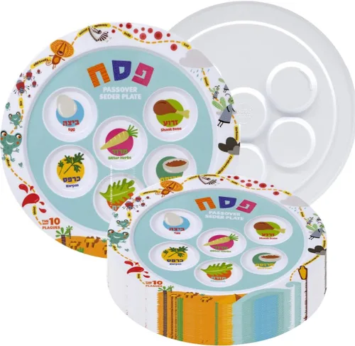 Vista 8 de The Dreidel Company Plato Seder de melamina de Pascua infantil con diseño de 10 plagas, Kaarah tradicional para pesaj de 9 pulgadas (paquete de 3)