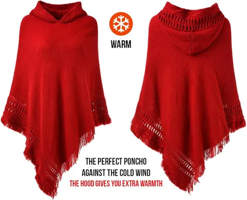 Vista 3 de Capa con capucha Ferand, con flequillo en el dobladillo, patrones de ganchillo para tejer poncho, para mujer.