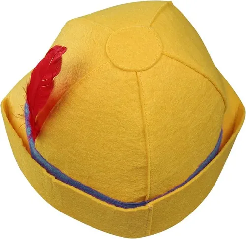 Vista 4 de Sombrero de marioneta para niños con plumas, disfraz de cosplay para niños, tallas para Halloween, Navidad, fiesta, sombrero amarillo de verano