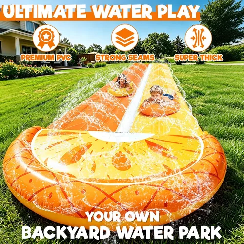 Vista 3 de iGeeKid Toboganes de agua de piña con 2 tablas de bodyboards para niños y adultos, juguetes de agua resistentes, aspersores, 2 carriles de carreras