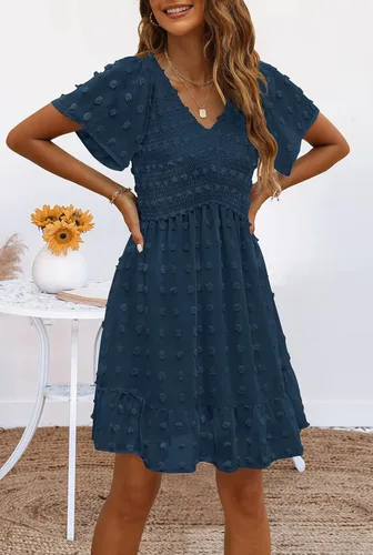 Vista 2 de TECREW Vestido corto de verano con cuello en V y manga corta fruncida para mujer
