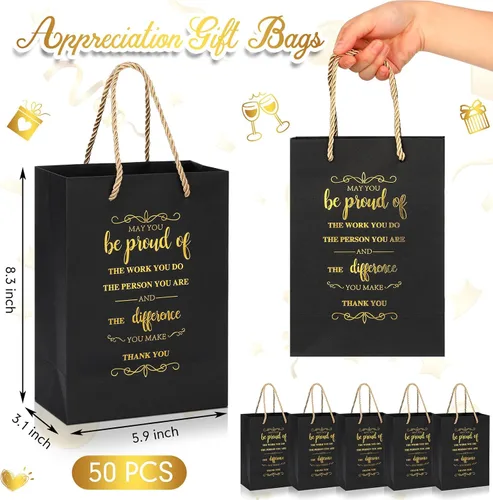 Vista 4 de Fulmoon 50 bolsas de regalo de agradecimiento a los empleados, bolsas a granel de 5.9 x 3.1 x 8.3 pulgadas, saco de regalo inspirador con asa