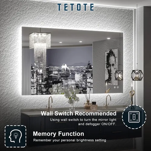 Vista 6 de TETOTE - Espejo retroiluminado para baño con luz, botón táctil regulable y función antivaho (horizontal o vertical)