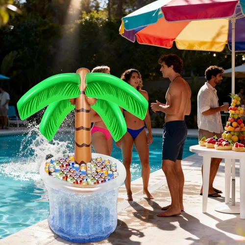 Vista 4 de Zcaukya Enfriador inflable de palmera, 60 pulgadas para decoraciones de fiestas tropicales, suministros de fiesta hawaiana, decoraciones de piscina