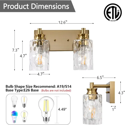 Vista 2 de Accesorios de lámpara de tocador de baño de 2 luces, moderna lámpara de baño dorada cepillada sobre espejo con pantalla de vidrio martillado