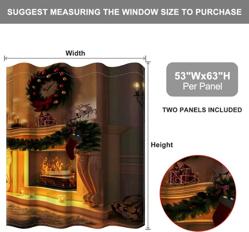 Vista 26 de Cortinas con adornos de Navidad impresos, cortinas para ventana de chimenea, calcetines de Navidad, árboles de Navidad, regalos, paneles opacos
