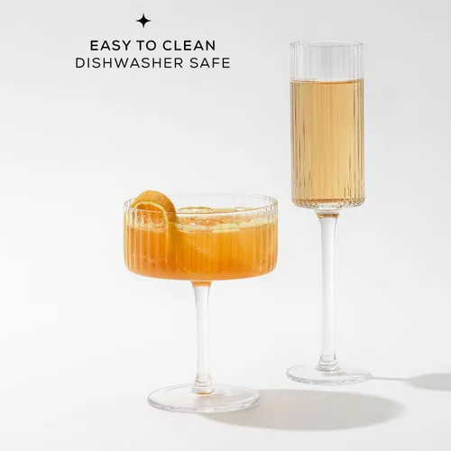Vista 5 de JoyJolt Elle Copas de Champán de 5.7 oz, Juego de 2 Flautas de Vidrio Acanalado, Estilo Vintage Copas Únicas para Beber Cócteles y Mimosas, Flautas