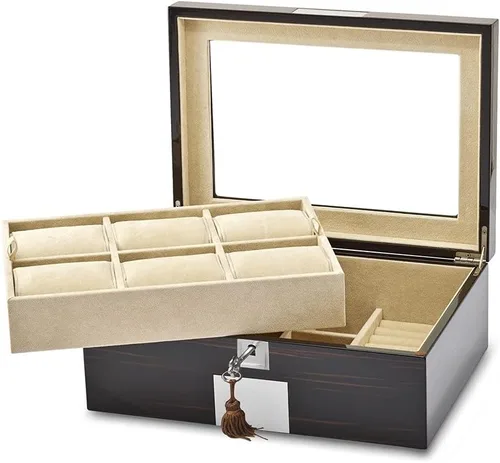 Vista 3 de Diamond2Deal Bandeja elevadora para reloj de chapa de ébano de alto brillo y joyero, Blanco