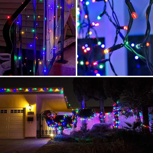 Vista 8 de QITONG Paquete de 2 luces solares de Navidad multicolor, cada cadena de 100 luces LED de 33 pies para exteriores, impermeable, 8 modos de cable
