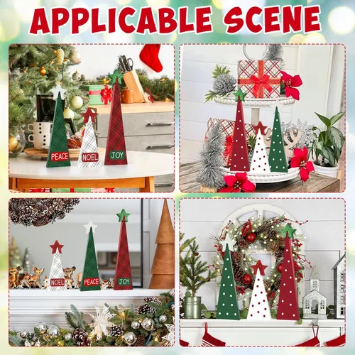 Vista 7 de 3 piezas de decoración de mesa de árbol de Navidad de madera, 3 tamaños de decoraciones de árbol de Navidad de madera independientes de doble cara