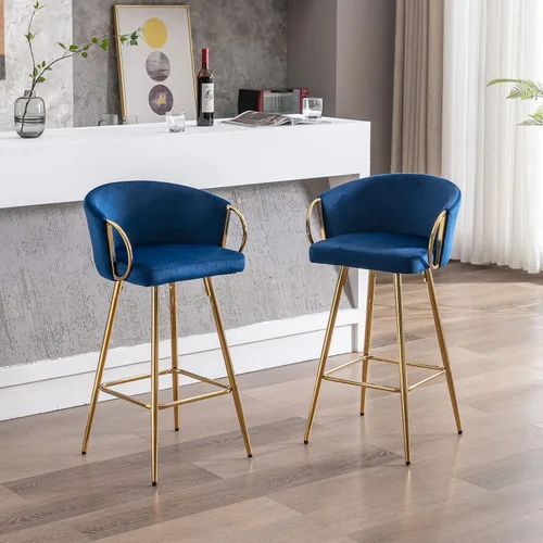 Vista 2 de Juego de 2 taburetes de bar de 26 pulgadas, sillas de isla de cocina con taburetes altos tapizados de terciopelo, taburetes de desayuno con respaldo
