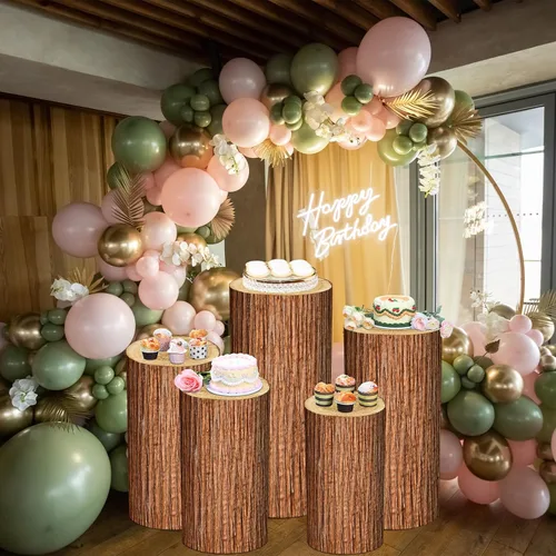 Vista 5 de FairySandy Juego de 5 fundas de soporte de cilindro con textura de madera, cubierta de pedestal de elastano para fiestas, bodas, baby shower