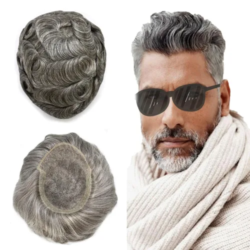 Vista 27 de Tupé de encaje suizo para hombres, piezas de cabello humano real, encaje frontal, sistema de reemplazo de cabello tipo tupé, nudo blanqueado, línea