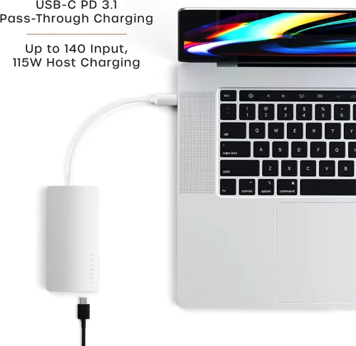 Vista 4 de Satechi Adaptador multipuerto USB C Hub 8 en 1 V2, 4K HDMI, carga USB C PD de 115 W, 3 USB-A, Ethernet, lectores de tarjetas Micro/SD, para laptop