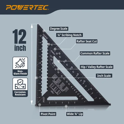 Vista 7 de POWERTEC Cuadrado de carpintero de aluminio de 12 pulgadas para carpintería, enmarcado, techos, diseño de escalera, medición de ángulo y corte