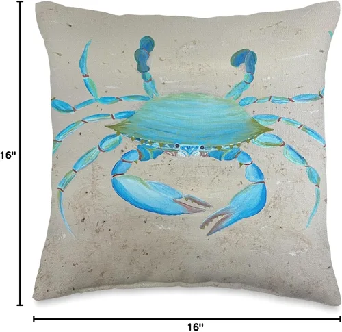 Vista 4 de KEP Paints Blue Crab Beach Scene, Ocean Lover, almohada temática náutica, 16 x 16 pulgadas, multicolor