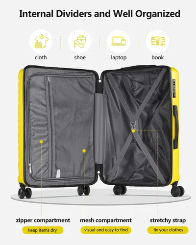 Vista 8 de SunnyTour Juego de equipaje expandible con ruedas giratorias dobles, juego de maletas rígidas de 3 piezas para viajes familiares y amigos, Amarillo