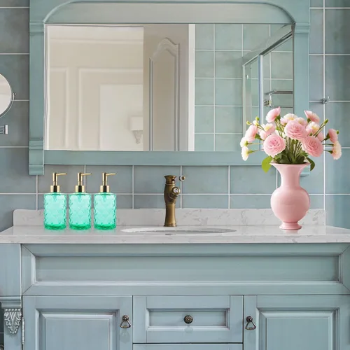 Vista 8 de Dispensador de jabón verde para baño, dispensador de jabón líquido de manos verde esmeralda recargable con bomba de plástico ABS para baño, jabón