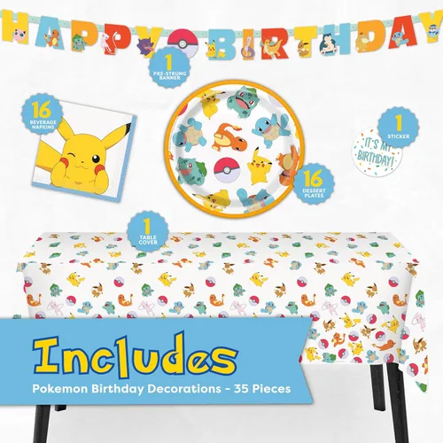 Vista 2 de Decoraciones de cumpleaños de Pokémon con pancarta y mantel