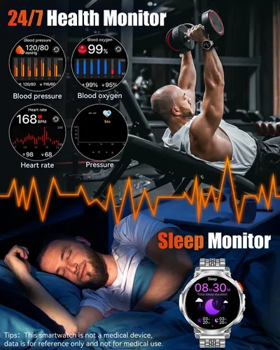 Vista 5 de Relojes inteligentes militares para hombres con llamada Bluetooth, pantalla HD de 1.85 pulgadas, reloj inteligente impermeable con linterna, 114