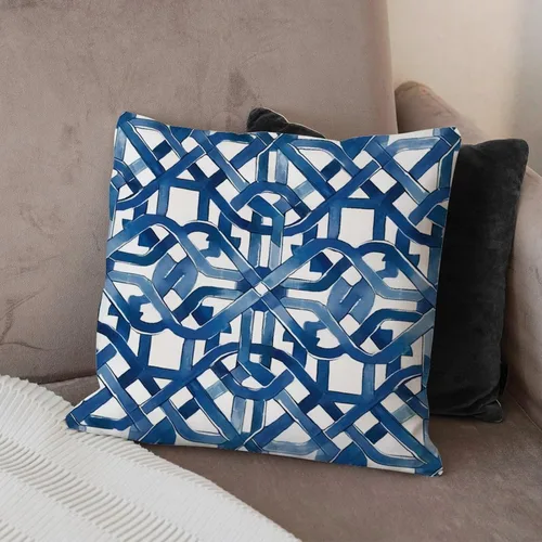 Vista 4 de Funda de cojín geométrica de enrejado de laberinto azul y blanco, funda de cojín decorativa de celosía Ming Trail, funda de almohada abstracta