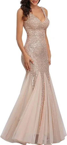 Vista 2 de Vestido de fiesta para mujer, con lentejuelas, tul sexy, cuello en V, sin mangas, formal, vestidos de graduación