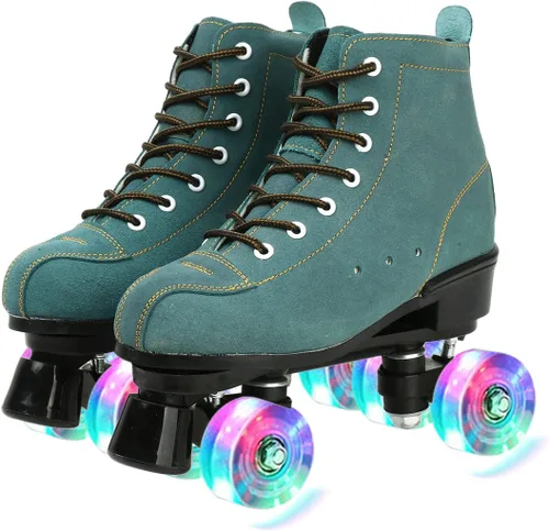 Vista 10 de XUDREZ Patines de Cuero de Vaca para Mujeres y Hombres Zapatos de Caña Alta Diseño de Doble Fila, Patines Clásicos Premium Ajustables
