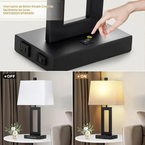 Vista 5 de Cinkeda Juego de 2 lámparas de mesa con puertos USB C+A y salida de CA, lámparas de noche, lámparas modernas para dormitorio, lámparas negras