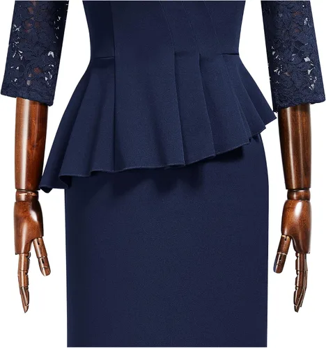 Vista 5 de AISIZE Vestido largo formal de noche con encaje floral en contraste y manga 34 para mujer