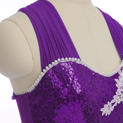Vista 4 de AFAVOM Vestido de baile con lentejuelas para mujer, con tirantes cruzados, falda de malla fluida, disfraz de baile contemporáneo