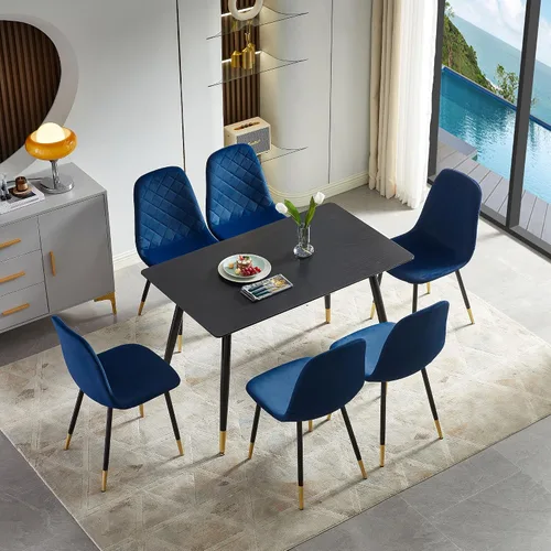 Vista 10 de Juego de 2 sillas de comedor de terciopelo azul marino, sillas tapizadas de cocina y comedor con patas de metal, sillas decorativas modernas