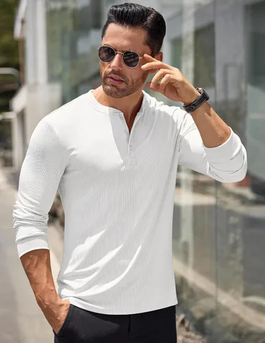 Vista 4 de COOFANDY Camisas Henley de manga larga para hombre, camisetas elásticas acanaladas, camisetas básicas casuales de moda