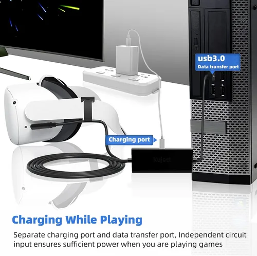Vista 2 de Kuject Diseño de cable de enlace de 20 pies para Oculus Quest 2Pro, con puerto de carga separado para energía ultra duradera, cable USB 3.0 tipo A a
