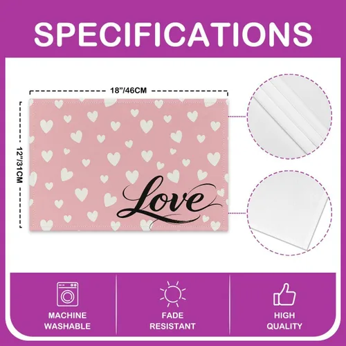 Vista 4 de jejeloiu Juego de 4 manteles individuales románticos de corazón rosa de 12 x 18 pulgadas para niños, para mesa de comedor, interiores y exteriores