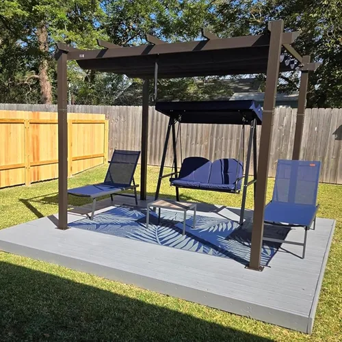 Vista 34 de PURPLE LEAF Pérgola de 10 x 12 pies con toldo retráctil, pérgola cuadrada de bronce de aluminio para patio al aire libre, junto a la piscina, beige