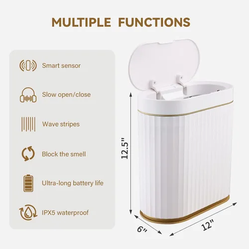 Vista 6 de ELPHECO Basurero de baño con tapa de 2.5 galones impermeable con sensor de movimiento, papelera automática para decoración de baño para dormitorio