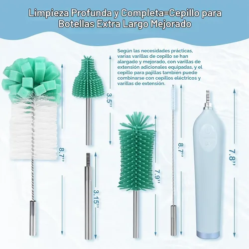 Vista 6 de Limpiador eléctrico de cepillo de botellas con soporte, limpiador automático recargable de botellas de agua con mango de extensión de acero