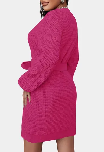 Vista 3 de ZESICA Women's 2023 Fall Long Sleeve Solid Color Waffle Knitted Tie Wasit Tunic Pullover Sweater Dress