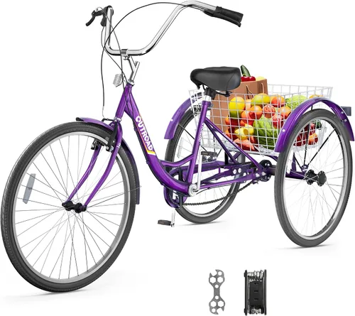 Vista 11 de Outroad - Triciclo para adultos, 24/26 pulgadas, triciclo de crucero de 1 velocidad, bicicletas de 3 ruedas con cesta grande para personas mayores