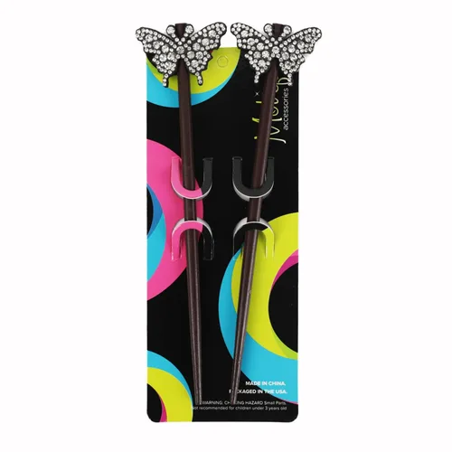 Vista 4 de Juego de palitos para el cabello con gemas mariposas (marrón)